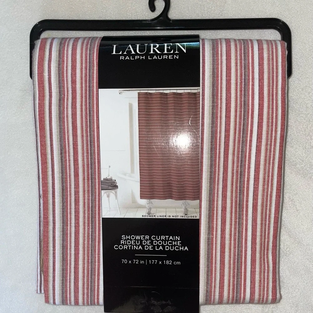🎉HP🎉New! Lauren Ralph Lauren RedMulti Striped Shower Curtain70”x72”+2 WashCloths